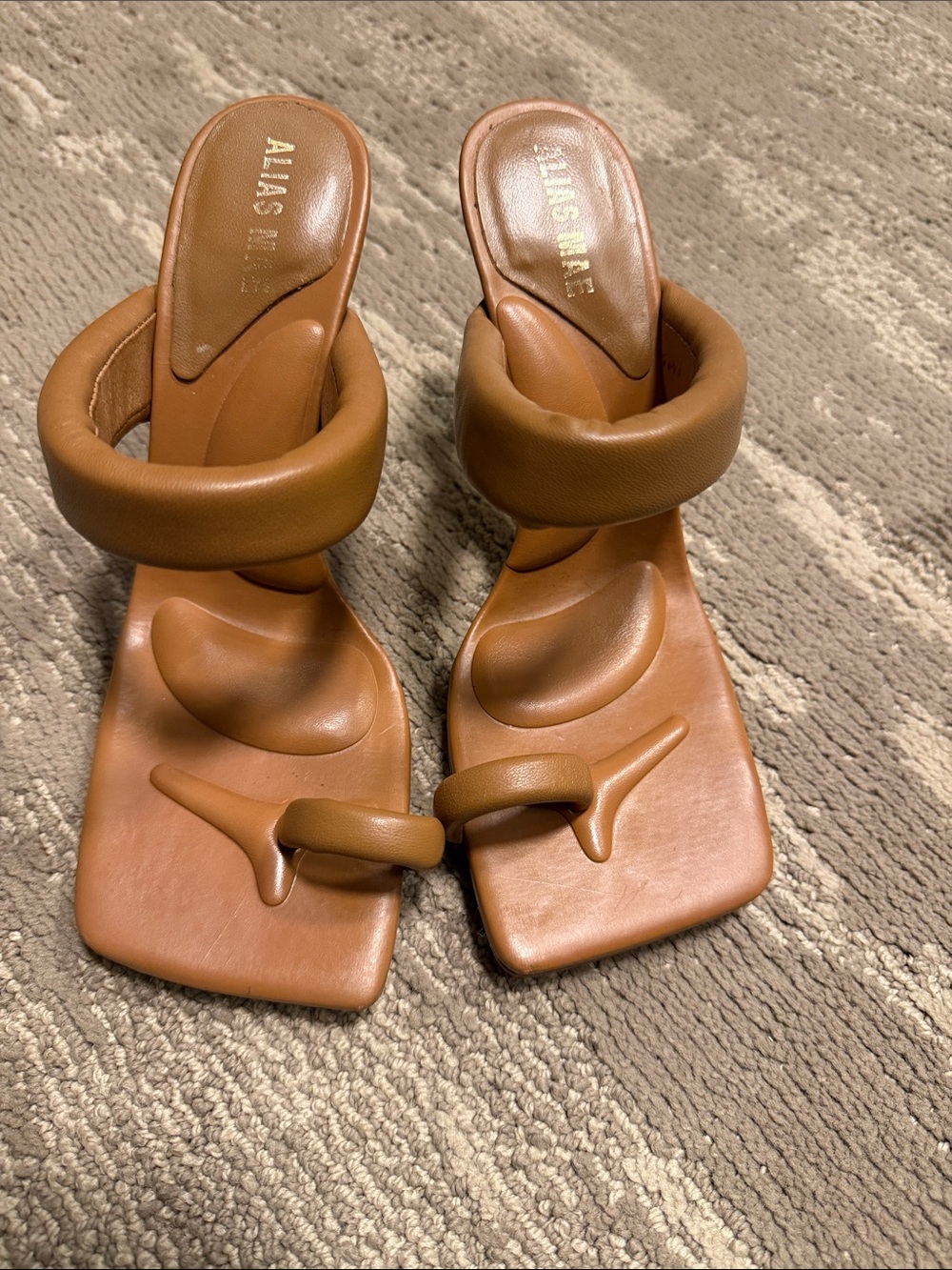 Alias Mae Cognac Brown Padded-Strap Square-Toe Heels